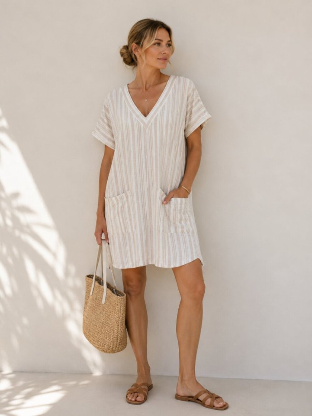 SPLENDID Linen Tunic Dress Pockets Beige White Striped Coastal Chic Beachy Boho